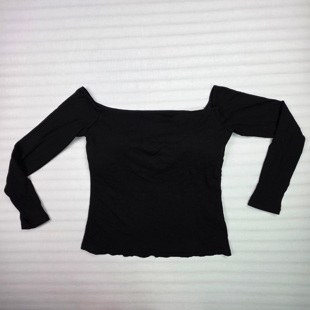 Halara Black Ribbed Off The Shoulder Long Sleeve Top Built-in Bra Size L